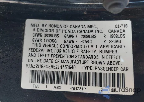 2018 Honda Civic Si from USA, damaged, VIN 2HGFC3A52JH753640